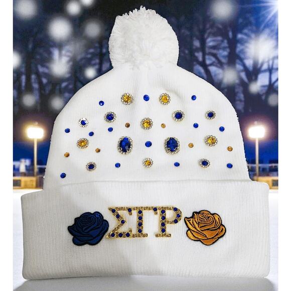 Sigma Gamma Rho White Pompom Beanie design with Brooch, Rhinestone & Roses - Picture 2 of 5